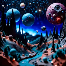 Detailed creepy landscape made of modeling clay, stars and planets, Roger Dean, Tim Burton, strong texture, Ernst Haekel, extreme detail, Max Ernst, decal, rich moody colors, sparkles, bokeh, odd