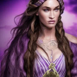 viking queen with purple armor, delicate purple braided hair, white flowing dress, highly detailed, 8k, ambient light, megan fox