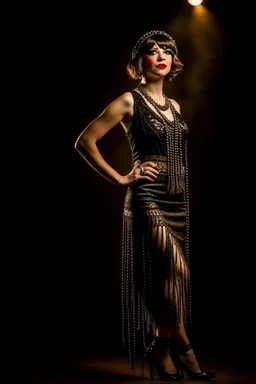 Full Body, burlesque Woman looking to the right, With A Bob With A Fringe Hairstyle, flapper Clothing, Steampunk