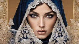 portait of a woman with striking golden-brown eyes, which are partially concealed by a dark blue headscarf. Her shyly looking into the camera. The combination of her lace headscarf, beautiful eyes and the fine lace of her face veil creates an intriguing and visually appealing scene, highly detailed, high contrast, perfect lights, masterpiece