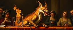 portrait painted by Rembrandt, stupid looking fire breathing dragon fox in chains at banquet