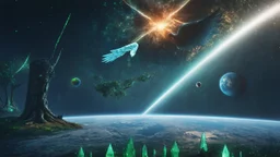 matrix universe, space, planets, god creation, angels from other dimensions with beautiful wings, trees on the planet, behind green crystals of light, command conquer tiberium monolith deposits on the planet near tree,