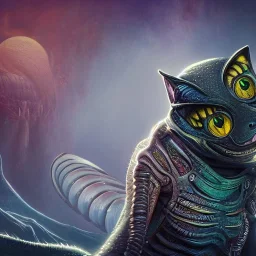 Alien dressed up as a cat"detailed matte painting, deep color, fantastical, intricate detail, splash screen, complementary colors, fantasy concept art, 8k resolution trending on Artstation Unreal Engine 5"