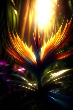 epic a full-size photo of a Bird of Paradise flower with innumerable petals, front illumination only, forest background, magic wake, fantasy illustration, sparks, glitter, grainy, noise, fractal crack effect, cinematic, deep depth of field, 3D, 16k resolution photorealistic, a masterpiece, breathtaking intricate details, reflective catchlights, high quality, abstract vector fractal, wave function, Zentangle, 3d shading