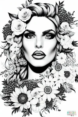 hyper detailed, black and white, thick line, coloring book illustration, lineart, stunningly beautiful woman in flowers