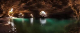 rocky cave . panorama. rocky cliff, water , carved into the rock,