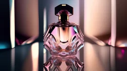 generate me an aesthetic photo of perfumes for Perfume Bottles on a Reflective Crystal Surface