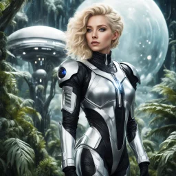 Photo of a slim sci-fi woman with blond hair, wearing a silver and black futuristic android-looking spacesuit, standing on an alien cloud tree jungle planet