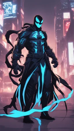 Mix between venom symbiote and genji in solo leveling shadow style with neon glowing blue