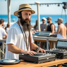 A short brown beard DJ with a hat on his head, sing at microphone, many electronic consoles around, seaside, FRONT VIEW