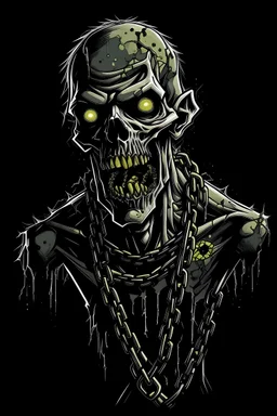 Vector Art, Front View, Zombie , stylized, Up close, half skin, black background, chains around body,
