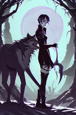 vampire girl showing fangs with short cropped cyberpunk hair wandering with her wolf in tangled forest in the moonlight