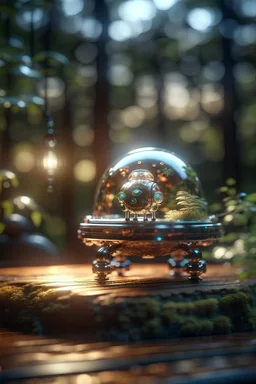 picture of a magical forest sparkling with light,cute chat robot inside transparent egg that is driving a car on a wooden bridge,shot on Hasselblad h6d-400c, zeiss prime lens, bokeh like f/0.8, tilt-shift lens 8k, high detail, smooth render, down-light, unreal engine, prize winning