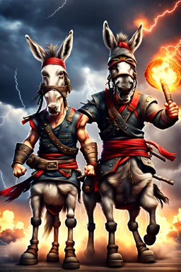 Realistic Donkey pirate warrior and donkey ninja warrior with thunderstorms in the background and fireballs falling from sky