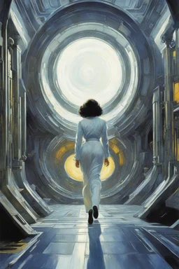 [Kupka, science] Driven by an unexplained urge, Scientist Dorothy followed her instincts, venturing outside the secure sections of the starship USS Enterprise. The sleek corridors and gleaming infrastructure gave way to unused maintenance trenches and Jefferies tubes. While expertise and caution were required to navigate the antiquated infrastructure, a sense of removal from duty calls beckoned her deeper. This network stretched further than any crew member had documented, a vast contrast to the