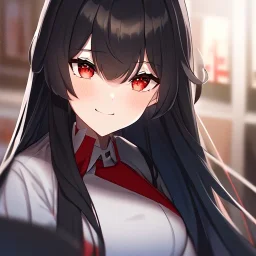 Clear focus,High resolution, black long fluffy hair, long fluffy bangs, red eyes, wearing a lab outfit, extreme close up, evil smile