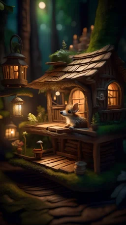 magazine cover, portrait of sleepy dog bug squirrel in a tree house in wonderful enchanted magical forest by river,bokeh like f/0.8, tilt-shift lens 8k, high detail, smooth render, down-light, unreal engine, prize winning