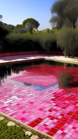 A pink beautiful lake with aquatic structure designed in ancient Greek mosaics painted by Piet Mondrian