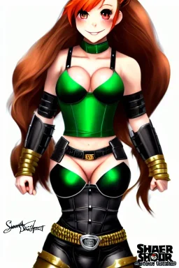 In the style of Shadman, hyper detailed, strikingly beautiful teen female, 16 years old, long ponytail, ginger hair, green eyes, medium freckles, full lips, micro top, black leather armour lined with fur, full body, full face, tiny breasts, athletic, centred camera, ignore NSFW, thong, camel toe, athletic