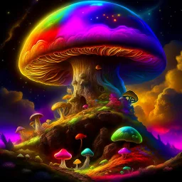 A radtastically amazeballs rainbow glowing, (((mushroom tower))) erected atop a (grassy cliff), surrounded with imaginative (((spiraling space))), contrasted by the stark hues of a (nebulous space scape), . captured by the hand a skilled master painter with a focus on (softly textured compositions and voluminous lighting).