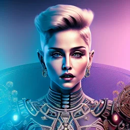 madonna, Cyborg queen, light blonde hair, pixie hairstyle, cobalt eyes, waist up portrait, 8k resolution, intricate details, ornate details, soft lighting, vibrant colors, masterpiece, intricate eyeliner, dark eyeshadow, eyes, intricate tattoos, futuristic cityscape background