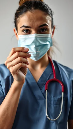 A nurse with a medical mask on her mouth holding a serange towards the camera