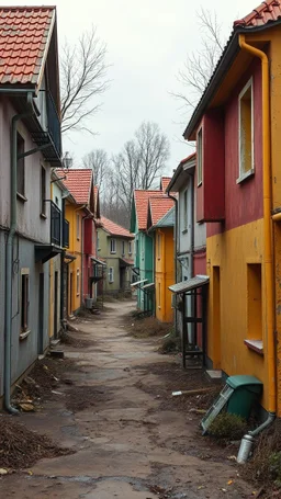 Fotografia di strada random assurda e falsa orripilante poor Transnistria Adighezia weirdcore dai Yves Tanguy colori vivaci. Non luogo falso, inusuale. Max Ernst. Le case sono false e dipinte di chiaro con cose stilizzate e dettagli. Ci sono strane. , che danno un senso distopico e molto surreale, disposte in modo casuale. L'atmosfera generale sembra noiosa e onirica, con un contrasto tra elementi reali ed elementi dipinti falsi, René Magritte