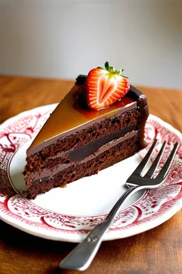 Slice of 3-layer, decadent chocolate cake topped with strawberries and caramel, . On a fancy, patterned plate with a fork resting on it.