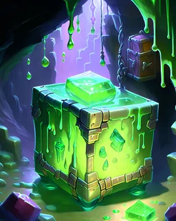 a slimy dripping gelatinous cube in vast dungeon cave room with treasure chests rpg art painterly