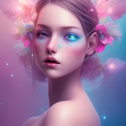 fairy, pink, blue, turquoise, beautiful, hyperrealism, masterpiece, expert, cinematic lighting, sharp focus, 8K, macro lens, woman, detailed, flower, galactic atmosphere