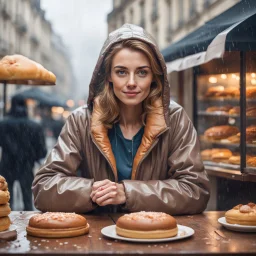 Realistic woman, soft athletic build, Caucasian, Paris bakery on a rainy day, sitting at table, cozy jacket, looking at camera