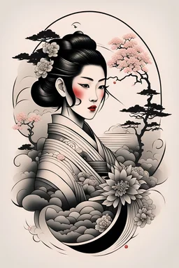 Create a captivating modern 2d Japanese tattoo design for print , using the elegant influences of japan art style, for print, dynamic elements from fashion and design, and bold Japanese art aesthetics, framing centered in the center, distanced from the edges of the paper perimeter, perfect anatomy, bauhaus, Divine Proportion,