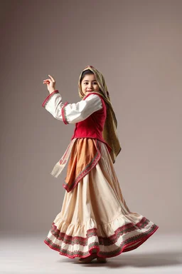 simple background, full body of very pretty little girl in azeri dance wearing A long underdress or shirt, often made of silk,A fitted, often velvet or brocade, jacket worn over the shirt.Wide, bell-shaped skirts are worn, often long and layered to create beautiful movements while dancing,The head is often covered with several scarves, with the kalaghai (a traditional silk headscarf) being a key element. These are sometimes worn over a small cap