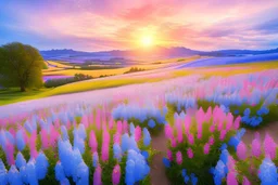 paysage rempli de belles grandes fleurs blanches bleues roses 8k
