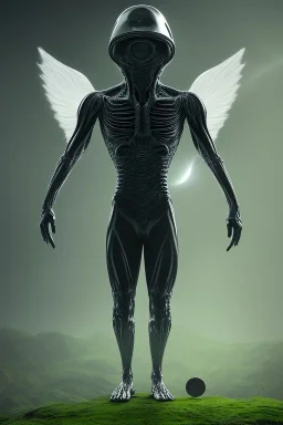 running alien portrait , black jogging suite , in the night Alps , holding leaves and coins , angels background, volumetric light, high detail, dark leaf tree, dark mountains in background, perfect, HR Giger style