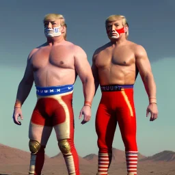 Realistic image of Donald trump wrestler, Mexican wrestling style, Mexican wrestling mask for eyes, red and blue breeches, glow us flag dress, suspenders, retro style, 80s, vibrant color, highly detailed, sky background, concept art, unreal engine 5, god rays, ray tracing, RTX, lumen lighting, ultra detail, volumetric lighting, 3d, finely drawn, high definition, high resolution.