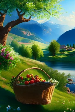 countryside, morning, sun, mountains, green, flowers, clear sky, river, apple tree, basket, sky, grass