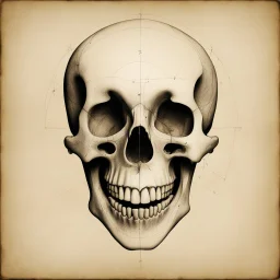 ANATOMICALLY CORRECT digital photograph of the SKULL OF A SMILEY FACE by davinci with fine line,