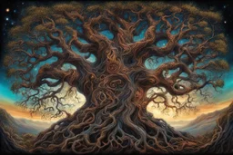 gnarled and twisted tree of life with faces and bodies crawling out of the trunk and branches, deep colour, in the multiverse