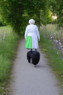 Old woman walking along a lane. White hair, overweight, skirt, green west. Poodle beside her. Vienna. perfect iris