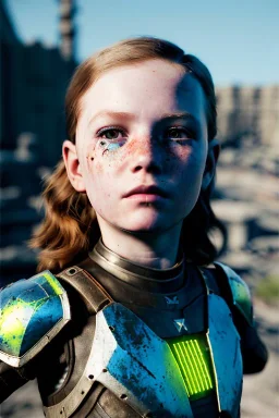 ultrarealistic, ruined city,__futuristic armor__, __angles__, 8 year old woman, strikingly beautiful, ginger hair, silver colour, [__starlets__|__starlets__], (pale __skincolor__ skin:1.2), __camera__, _hair_, detailed face and eyes, medium breasts, leather choker, freckles, dynamic pose, resolved expression, __accessory__, strappy outfit, (straps:1.1), sword in scabard on left hip, (buckles, buttons, snaps, rings:1.0), haltertop style breastplate, detailed eyes, plump lips, sci-fi theme