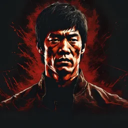 An ultra realistic poster of Bruce Lee in the red matrix, by Daniel Castan :: Carne Griffiths :: Andreas Lie :: Russ Mills :: Leonid Afremov, dark background and lightning, cinematic, high detail, illustration, 3D render, vibrant, neon ambiance, abstract black oil, gear mecha, detailed acrylic, grunge, intricate complexity, rendered in unreal engine, photorealistic