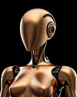 Luxury faceless robot woman, hourglass skinny figure, standing tall in full height. Fully three-dimensional with a sleek, futuristic, and minimalistic design. Metallic bronze surface with subtle reflections, smooth and polished, exuding elegance and power. No facial features, maintaining a mysterious and sophisticated aesthetic. Dramatic lighting enhances the metallic sheen, set against a completely black background.