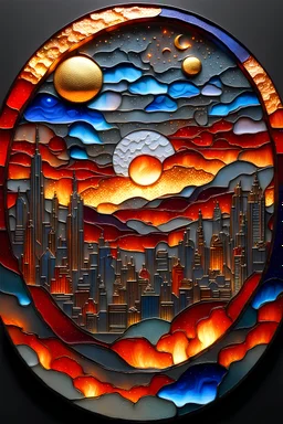 round 3D embossed textured ethereal image, a cityscape on the distant horizon, in molten lava; made of stained glass, agate with gold foil highlights, coals. red, orange, yellow, blue, silver, grey, black; 3D, fire, flames, smoke, nebula sky, small crescent moon, starry night, glowing embers, gold smoke, sparks, realistic, sharp lines, extreme detail