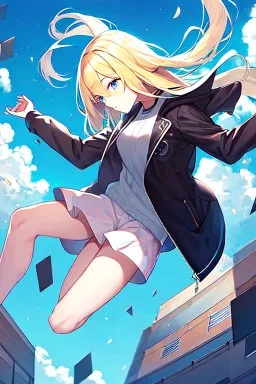 blonde with jacket falls from the sky, sky falling