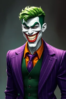 The Laughing Man - A tall, muscular 20-year-old man, with (((Short, crew cut wavy green hair tapered on the sides and back:1.5))), his face is white with red lips permanently stuck in an evil grimace/smile, he has thick, bushy green eyebrows He wears a purple pinstriped jacket over a green waistcoat and an orange button up shirt with a purple tie