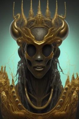 black male African alien, cracks in the head, wicked, Asian eyes, crown, blood, 8k, finely detailed, photo realistic, Boris Vallejo style turquoise skull head gold dragon space alien rain skeleton gold tooth silver helmet silver space suit spaceships