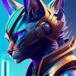 Hombre antropomórfico orejas de gato obra de arte traje futurista hiperdetallado fantástico nítido cuerpo completo clima soleado arte gráfica digital colores complementarios 8k