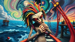master oil painting by Dali and Escher, roller coaster hypno psycho alien with rasta wig breast feeding with some bad ass power off shore oil platform cyber punk people experiencing gravity at its worst, pin hole cam, twisted perspective, goa trance music poster, awake within a psychedelic mushroom dream, with some motion blur background, and hyper depth perception layout