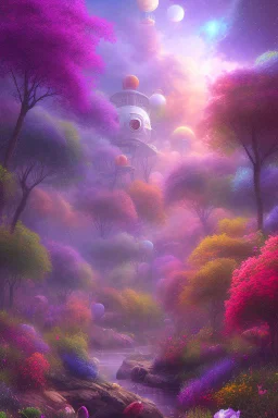 digital illustration, a world full of life divine thrill of biological tranquil sky, flowers, bright color splashes, high detailed 8 k,ufo rainbow